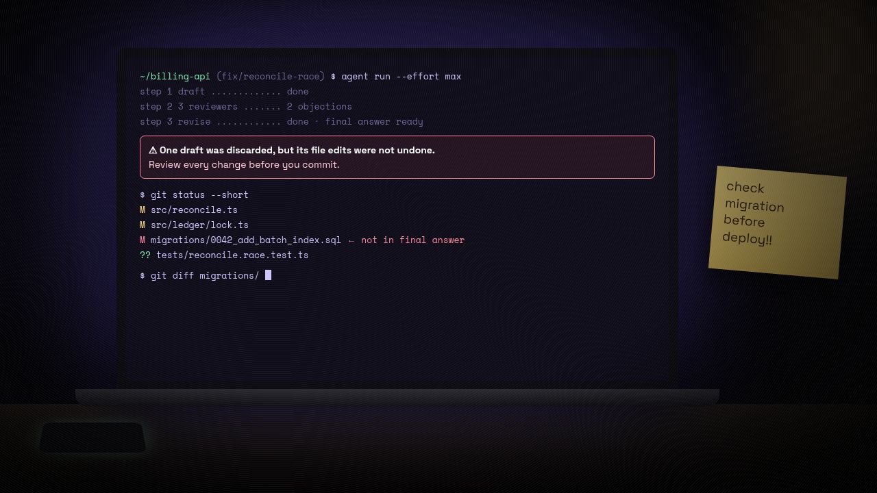 Laptop terminal in a dark room warning that a discarded AI draft's file edits were not undone, with git status showing an unexpected migration file and a sticky note reading check migration before deploy