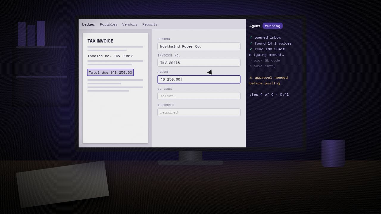 Illustration of a desktop monitor at night showing a generic accounting app: an invoice with the total due highlighted, a form being filled in automatically, and an AI agent task panel noting approval is needed before posting