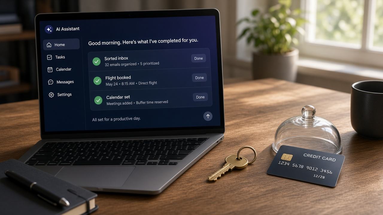 Illustration of an AI assistant completing tasks while a key and a payment card stay protected under a glass dome