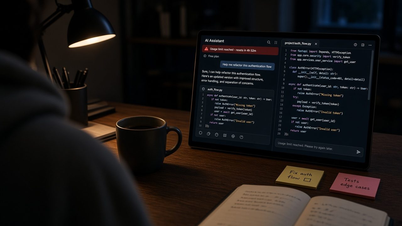 Laptop on a dark desk showing a generic AI chat app with a red 'Usage limit reached - resets in 4h 52m' banner next to half-finished code