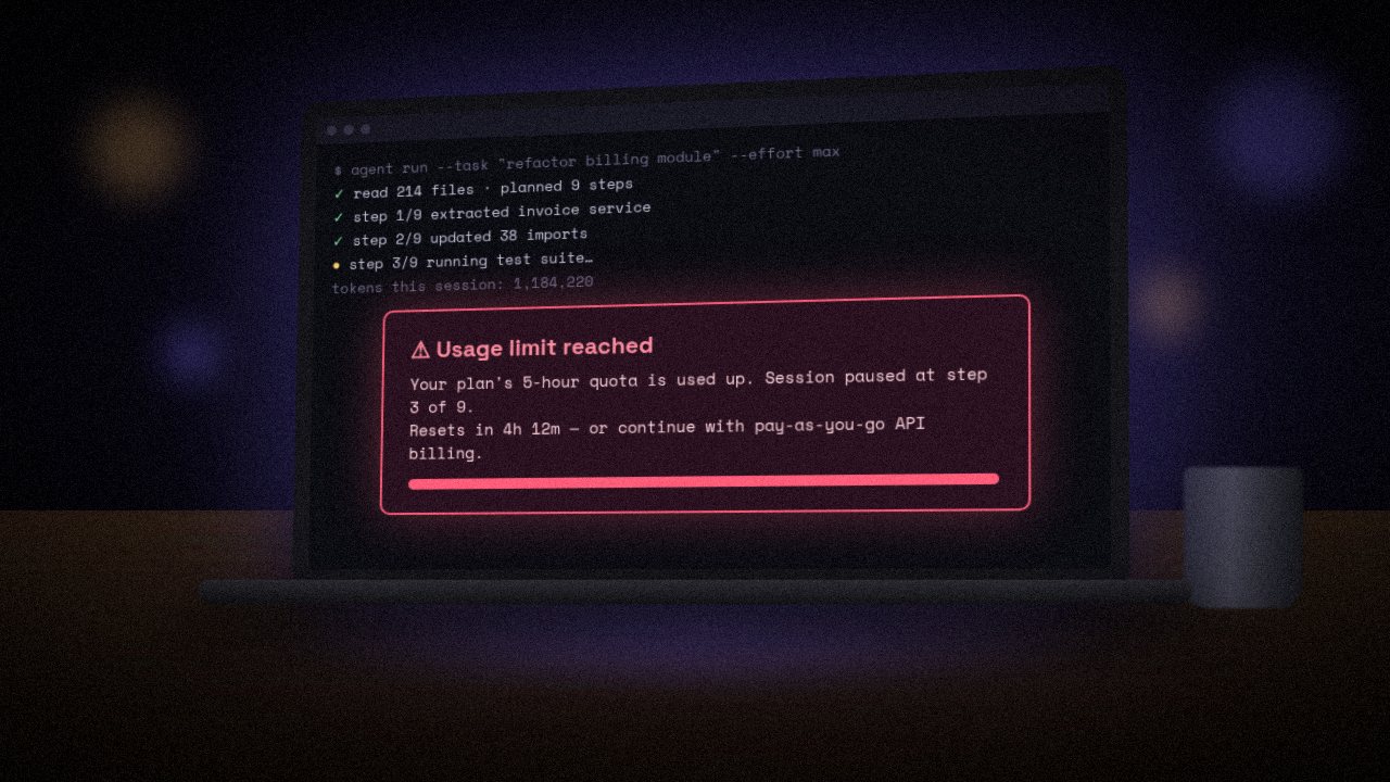 Illustration of a laptop on a desk at night showing a coding agent paused mid-task with a red warning: Usage limit reached, resets in 4h 12m