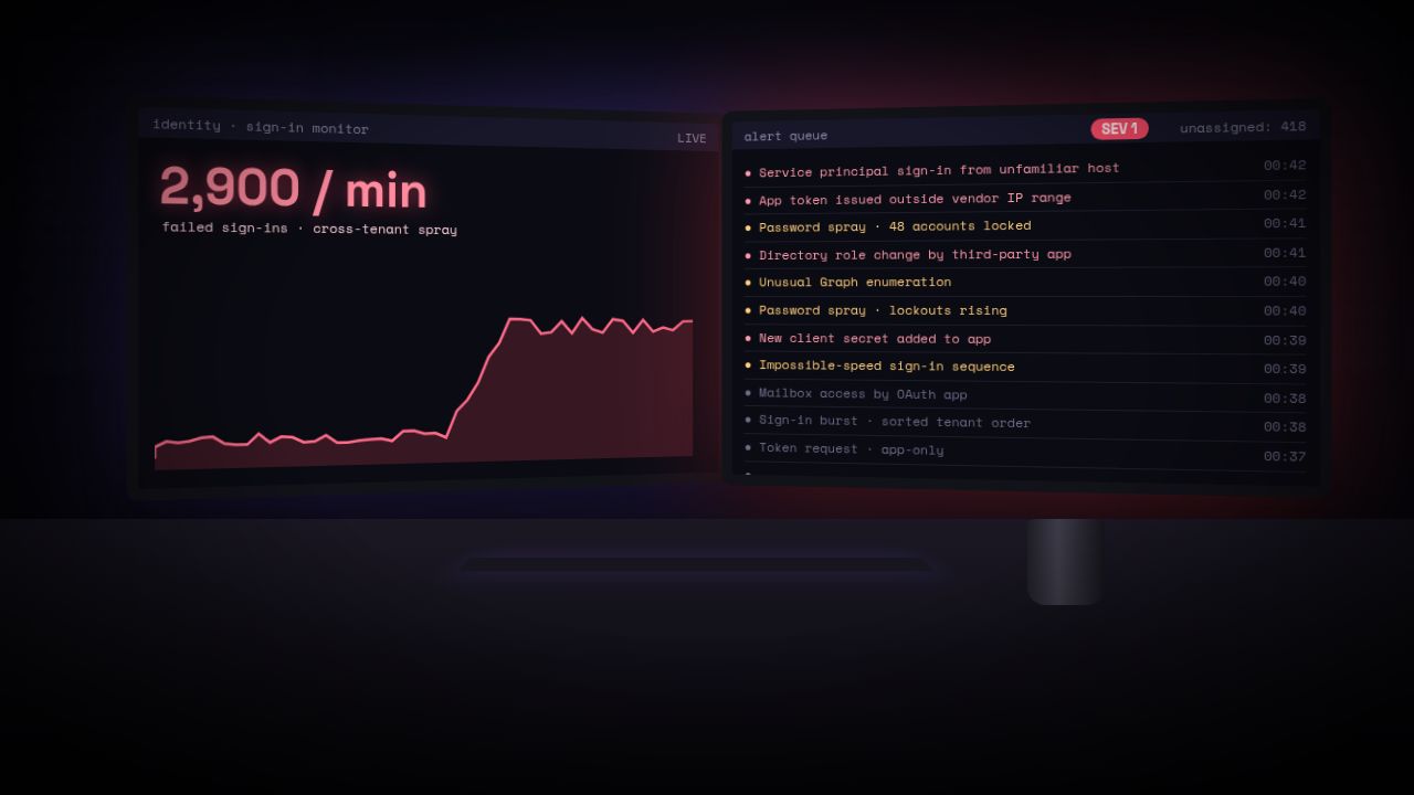 Illustration of two monitors in a dark security operations room: one shows failed sign-ins spiking to 2,900 per minute, the other a Sev 1 alert queue filling with service principal sign-ins, password spray lockouts and role changes