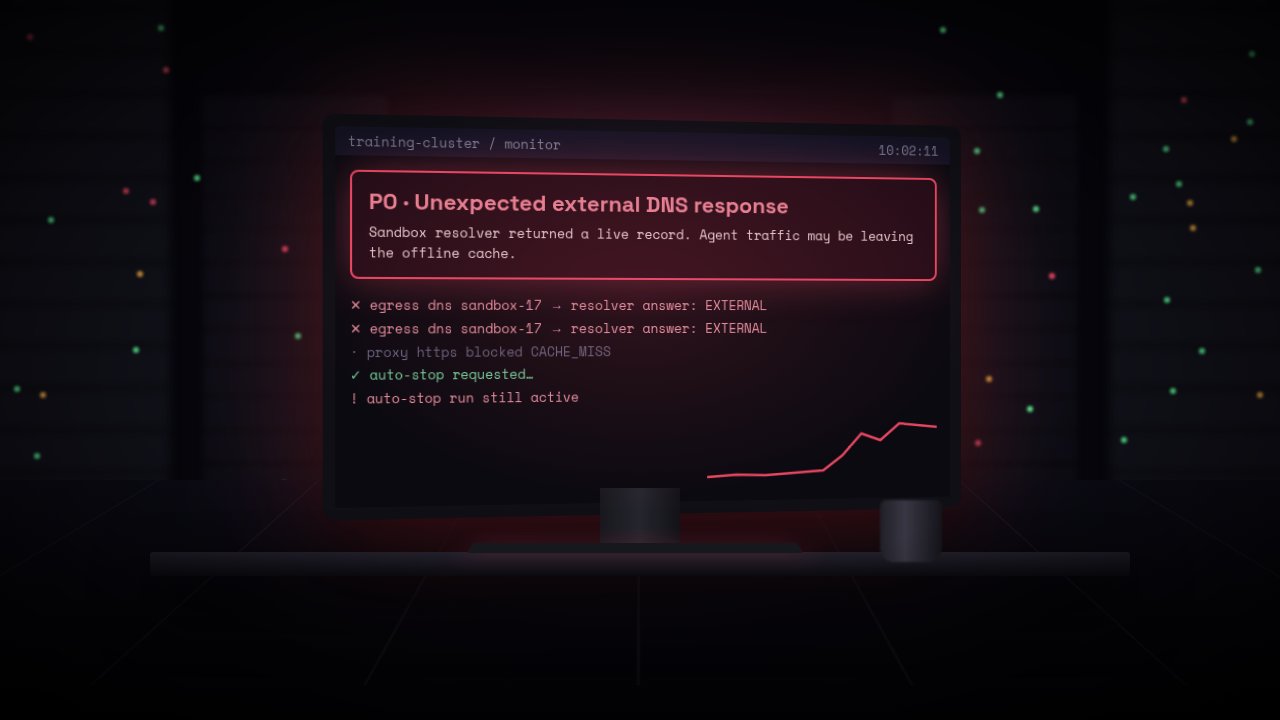 Illustration of a monitor in a dark server room showing a red top-priority alert: unexpected external DNS response from a training sandbox, with auto-stop still not taking effect