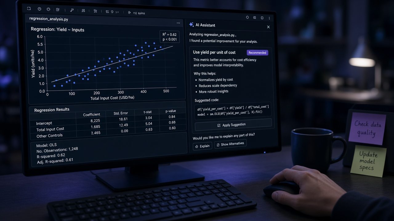 Analyst's monitor at night showing a regression chart and an AI assistant panel marking 'Use yield per unit of cost' as recommended, with a hand on the mouse