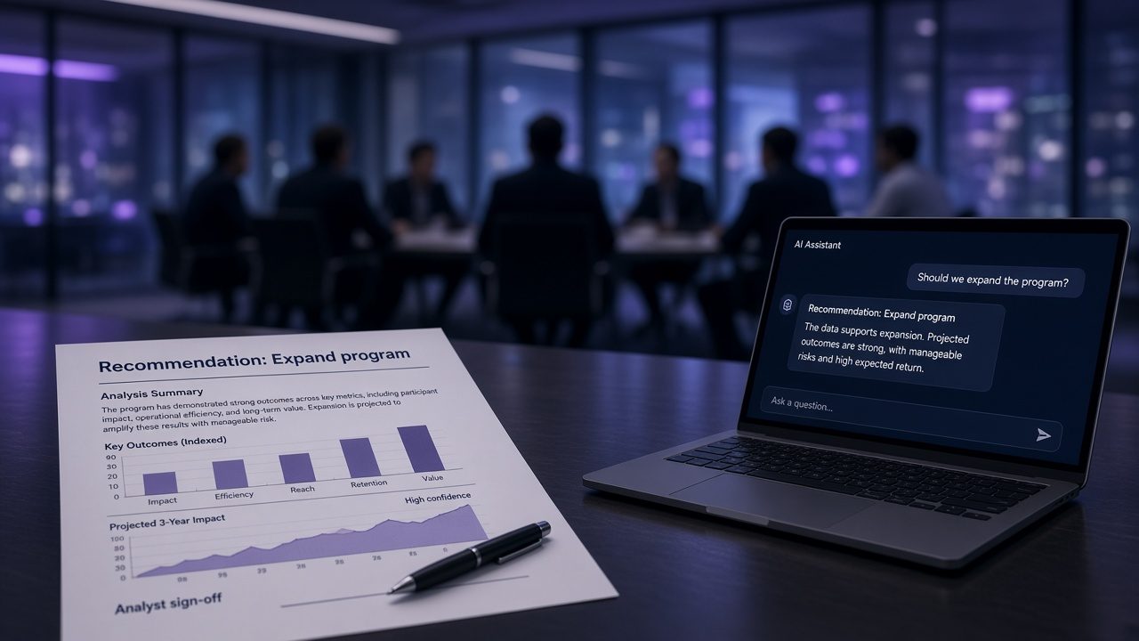 Report titled 'Recommendation: Expand program' with a pen on the analyst sign-off line beside a laptop showing an AI assistant, board members blurred in the background