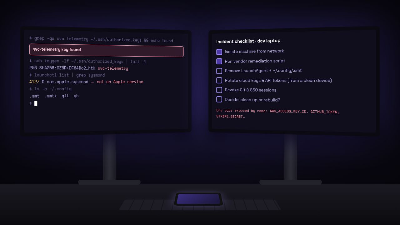 Two monitors on a desk: a terminal where a check finds the svc-telemetry SSH key and a fake com.apple.sysmond service, and an incident checklist to isolate the machine, run the remediation script, rotate keys and decide whether to rebuild
