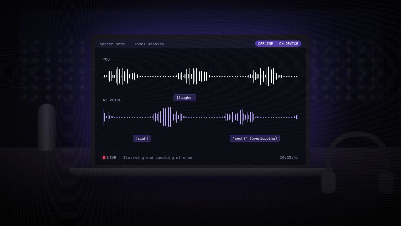Illustration of a laptop on a desk at night running an offline speech model session, with two live waveforms for 'You' and 'AI voice' overlapping and tags marking a laugh, a sigh and an overlapping 'yeah!'