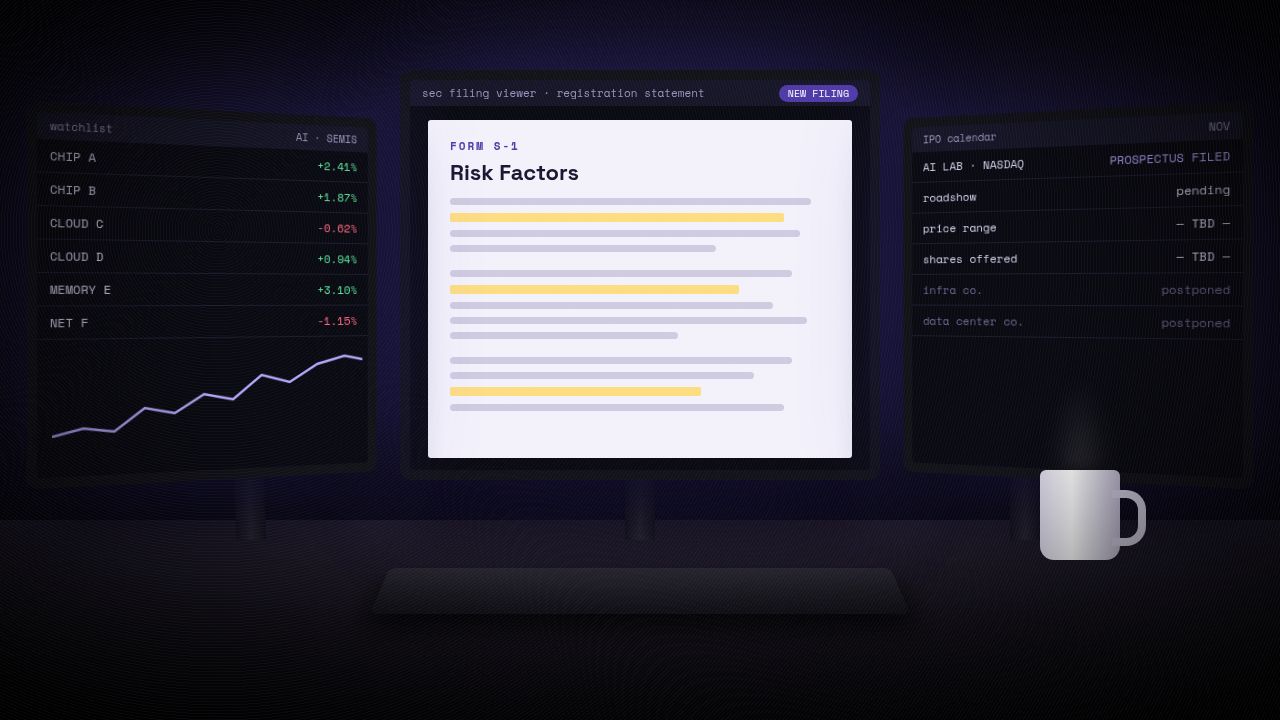 Illustration of a trading desk at night with three monitors: a watchlist of AI and chip stocks, an SEC filing viewer open to the Risk Factors page of a Form S-1 with highlighted lines, and an IPO calendar listing an AI lab on Nasdaq with its prospectus filed and price range still to be set