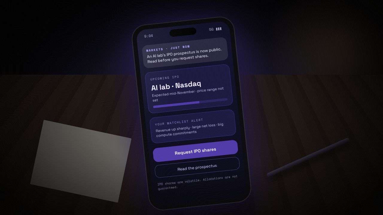 Illustration of a smartphone on a wooden table at night showing a brokerage app alert that an AI lab's IPO prospectus is now public, an upcoming Nasdaq IPO card with the price range not yet set, and buttons to request IPO shares or read the prospectus