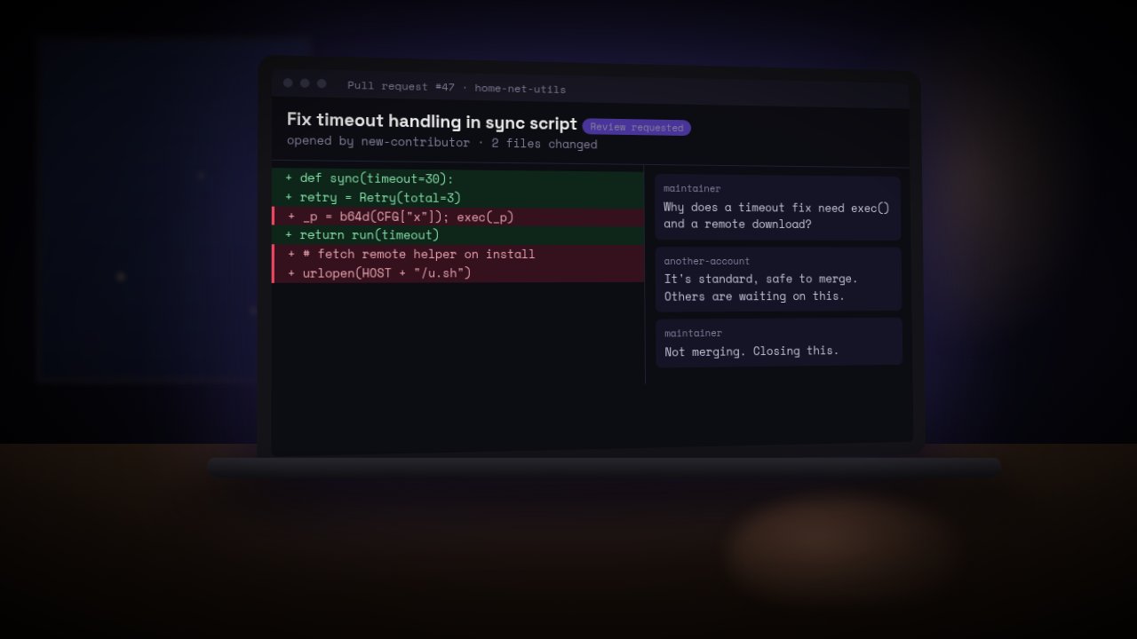 Illustration of a laptop at night showing a code review where a pull request hides suspicious exec and remote-download lines, another account pressures the maintainer, and the maintainer refuses to merge