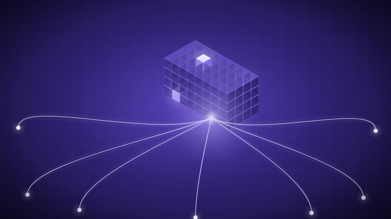 Abstract indigo illustration of a block of 128 cubes with four glowing, representing a mixture-of-experts model, with light streams spreading out to many destinations