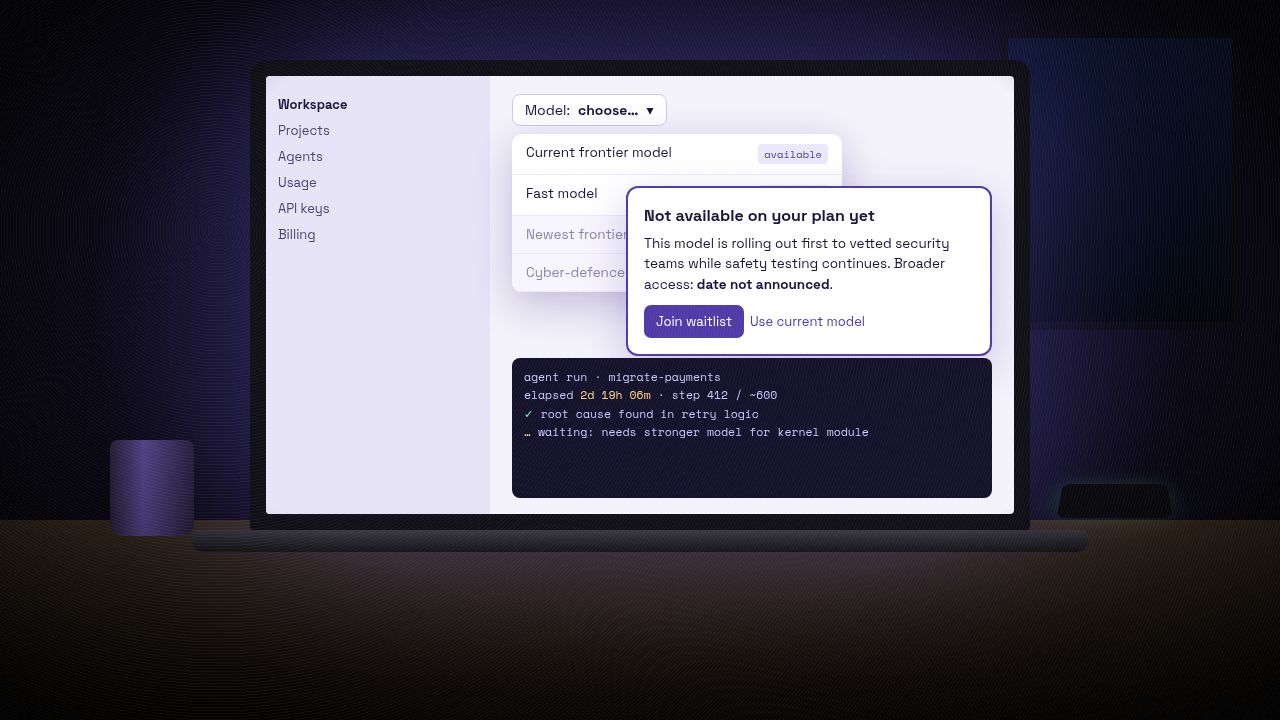 Laptop showing an AI workspace model picker where the newest frontier model is locked for trusted partners only, with a 'Not available on your plan yet' waitlist dialog and a long-running agent log