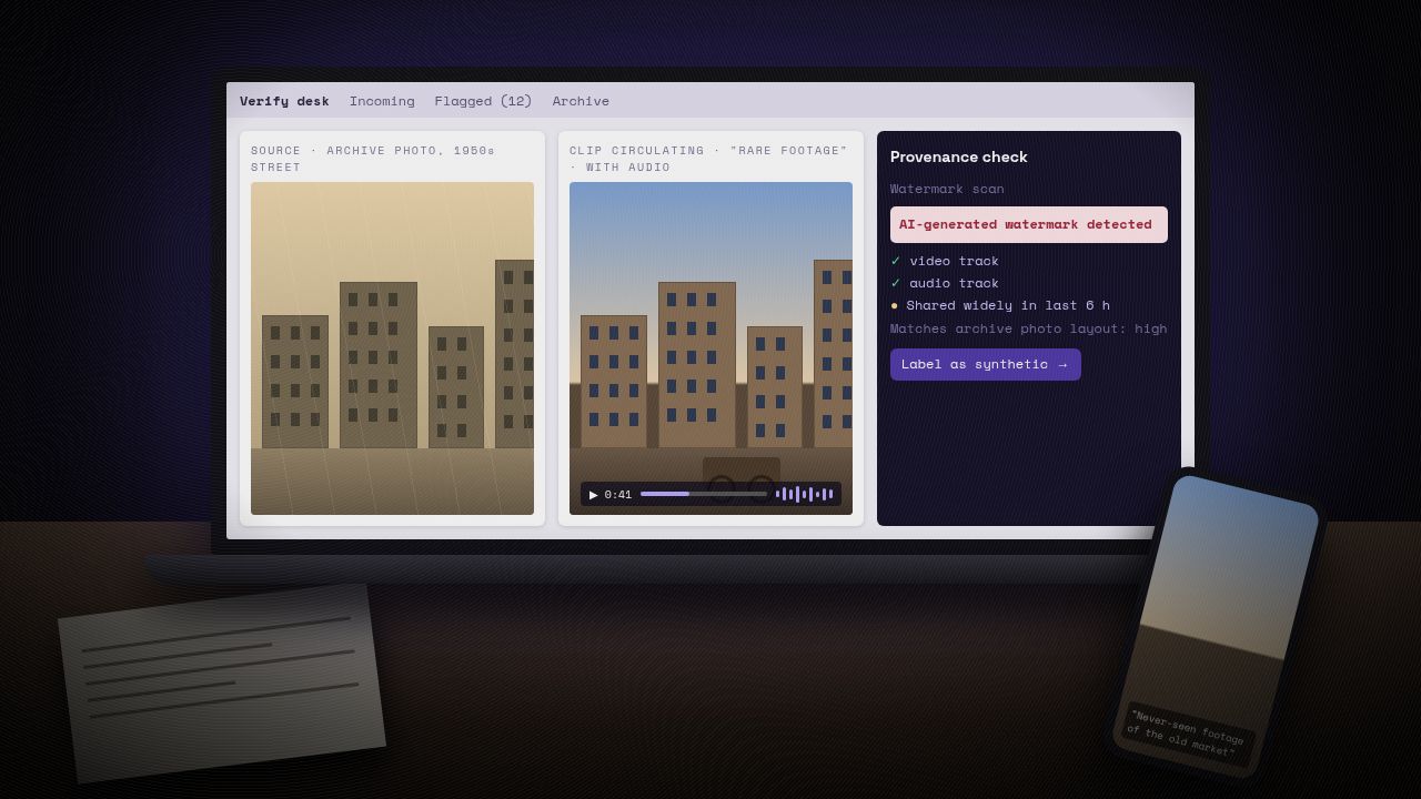 Illustration of a newsroom laptop comparing an old archive street photo with a viral clip of the same street, and a provenance panel flagging an AI-generated watermark in the video and audio, with a phone showing the clip shared as rare footage