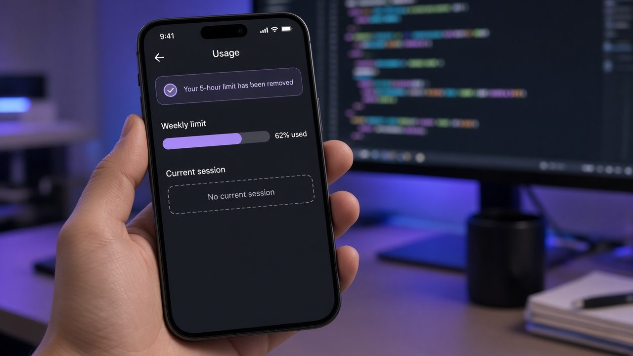 Hand holding a phone showing a generic Usage screen: a notice that the 5-hour limit was removed, a weekly limit bar at 62 percent and no current session bar