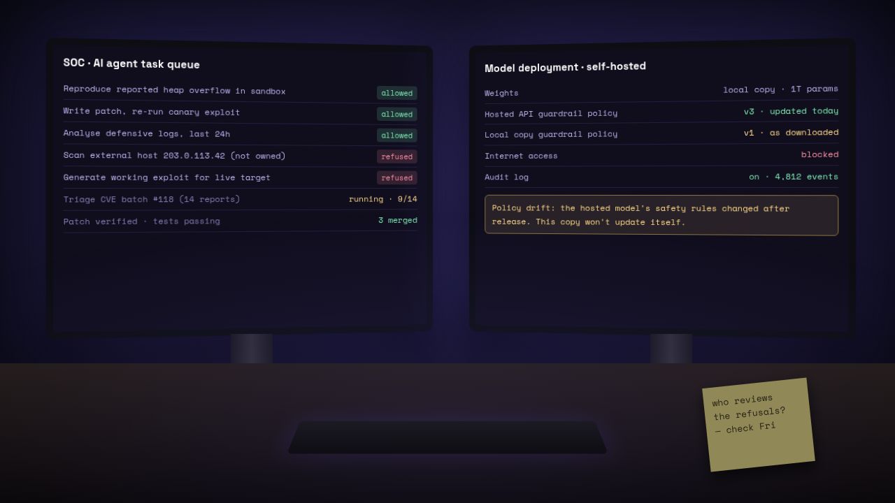 Two monitors in a security operations room: an AI agent task queue with defensive tasks allowed and attacks on unowned hosts refused, and a self-hosted deployment panel warning that the local copy's guardrail policy is older than the hosted version