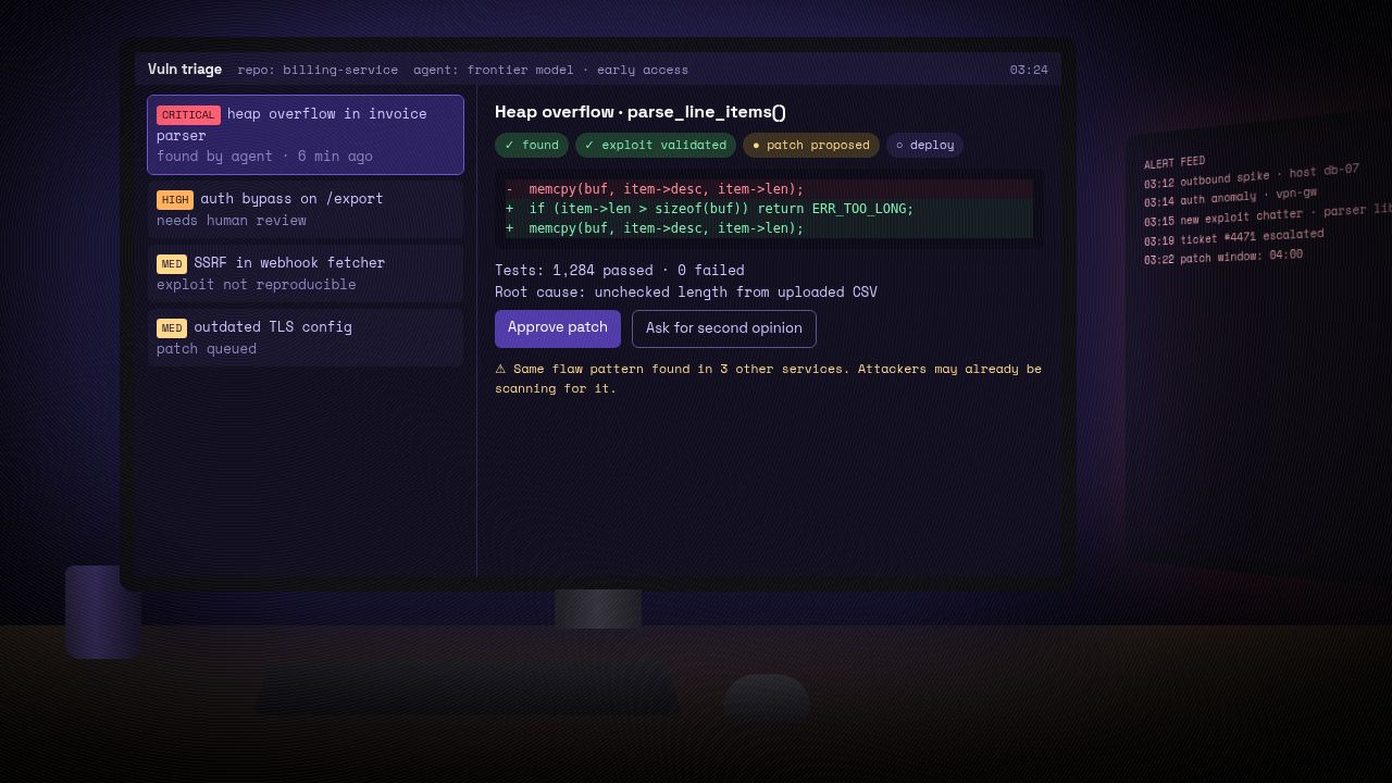 Late-night security desk: a vulnerability triage screen shows an AI agent has found and validated a critical heap overflow and proposed a patch awaiting approval, with an alert feed on a second monitor
