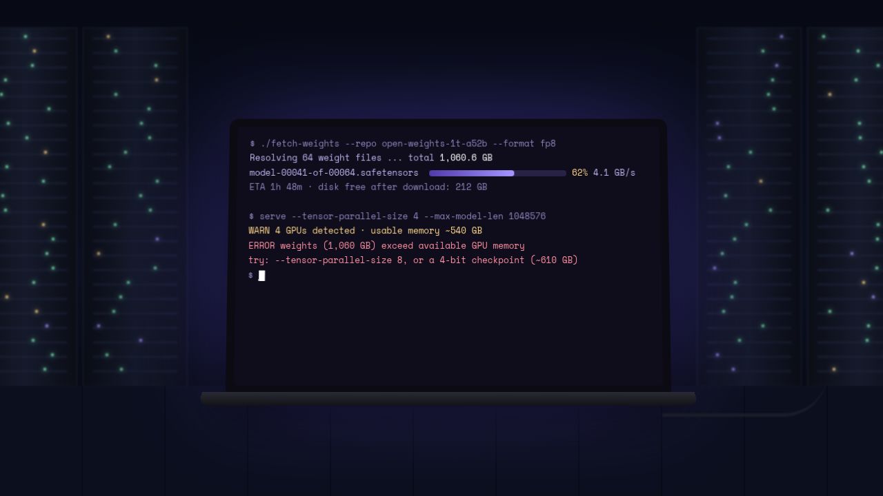 Laptop in a dark server aisle showing a terminal downloading 1,060 GB of AI model weights, then an error that the weights exceed the memory of four GPUs and a suggestion to use eight GPUs or a 4-bit checkpoint