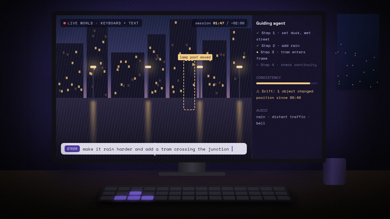 Illustration of a desktop monitor at night showing a generic world-model app: a rainy city street generated live, a typed prompt to add a tram, a guiding-agent checklist, a session timer near two minutes and a warning that a lamp post has moved